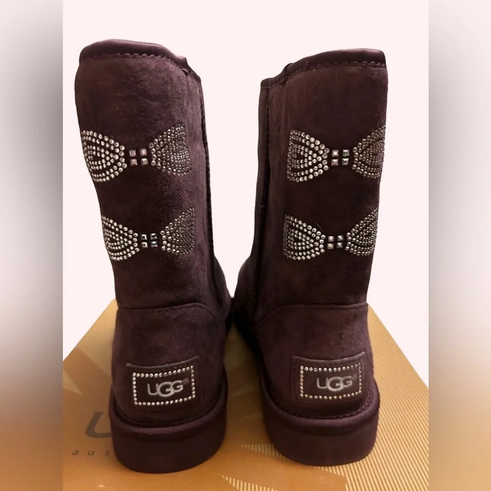 UGG Women's Purple Suede Tall Boots with Rhinestone Bows
